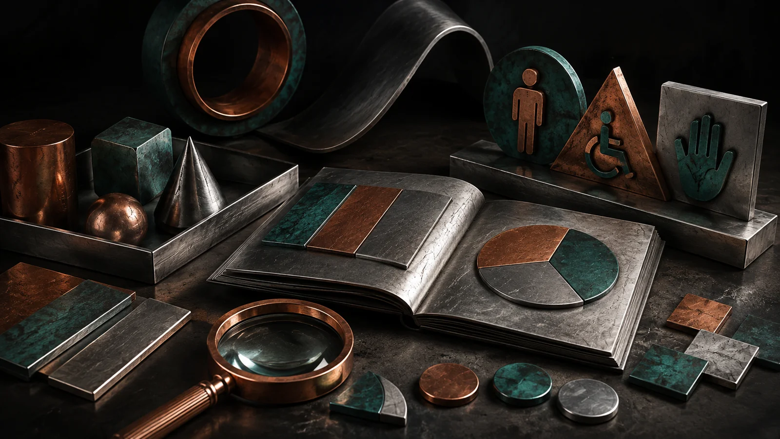 Libro, lupa, muestras táctiles y señales geométricas de metal cepillado, cobre y pátina verde.