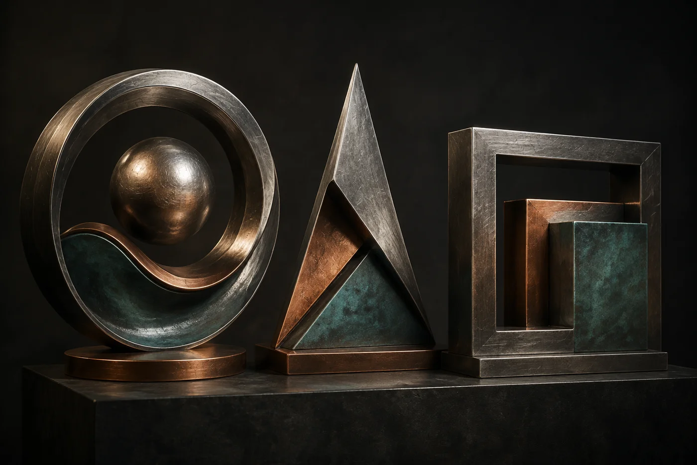 Círculo, triángulo y cuadrado de metal con superficies y materiales diferenciados.
