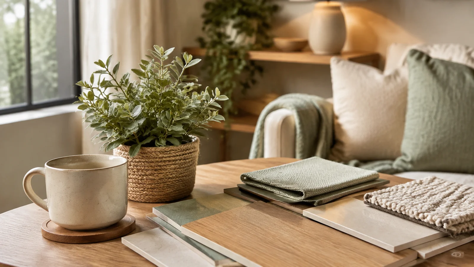 Taza, planta y muestras de madera y tejido en un espacio cálido iluminado por una ventana.