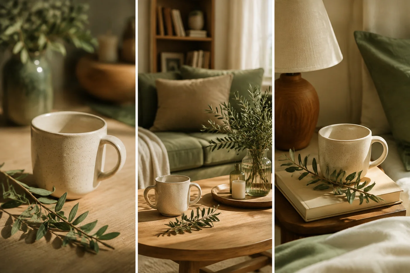 Tres encuadres de una taza y ramas mantienen materiales, tonos y luz coherentes.