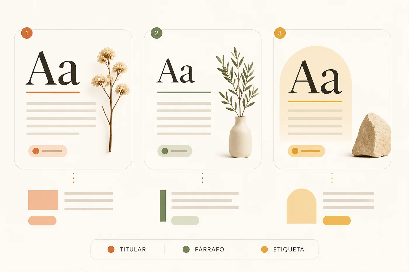 Tres tarjetas comparan letras grandes, líneas de párrafo y etiquetas dentro de composiciones editoriales.
