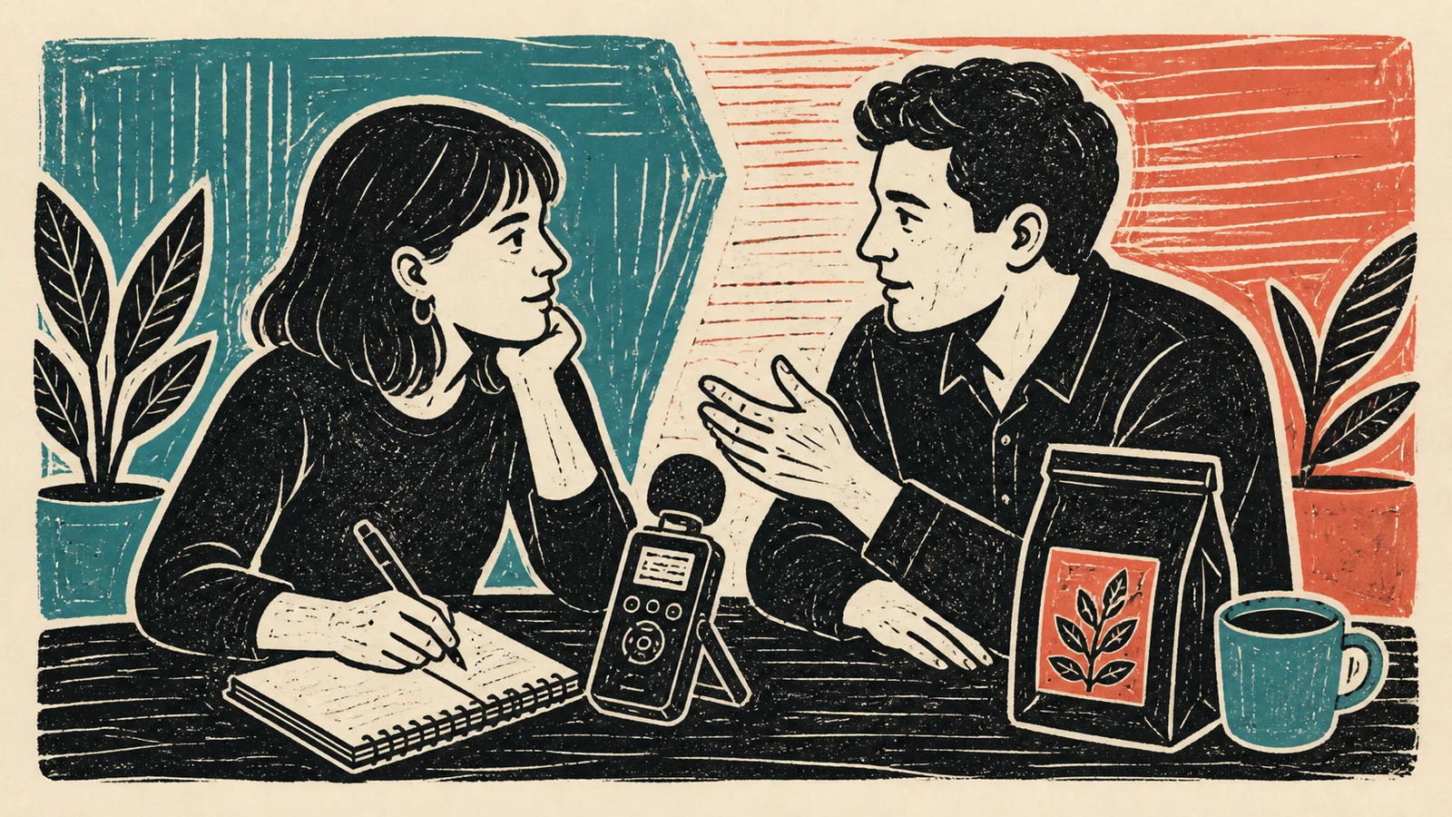 Dos personas conversan junto a una grabadora, un cuaderno y un empaque, ilustradas en linograbado.