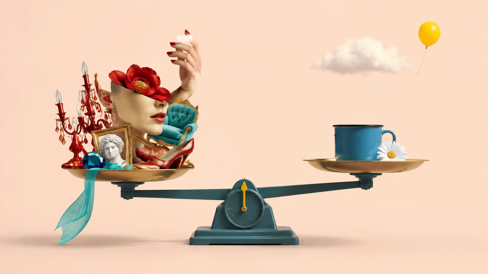 Balanza surrealista que compara una acumulación de adornos con una taza sencilla.