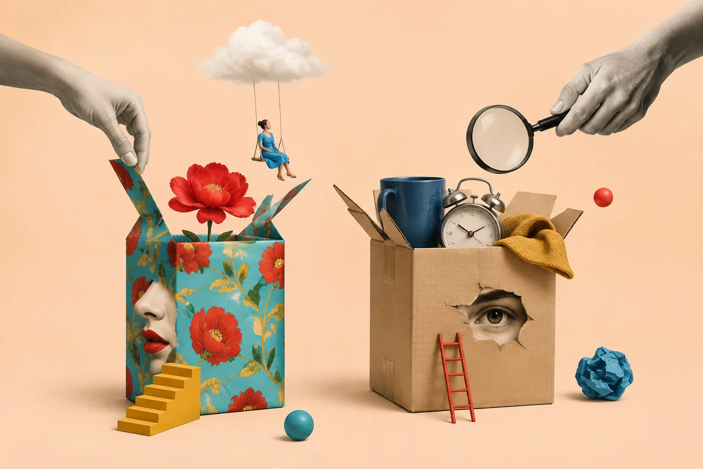 Dos empaques, uno floral y otro de cartón, se comparan en una escena surrealista con una lupa.