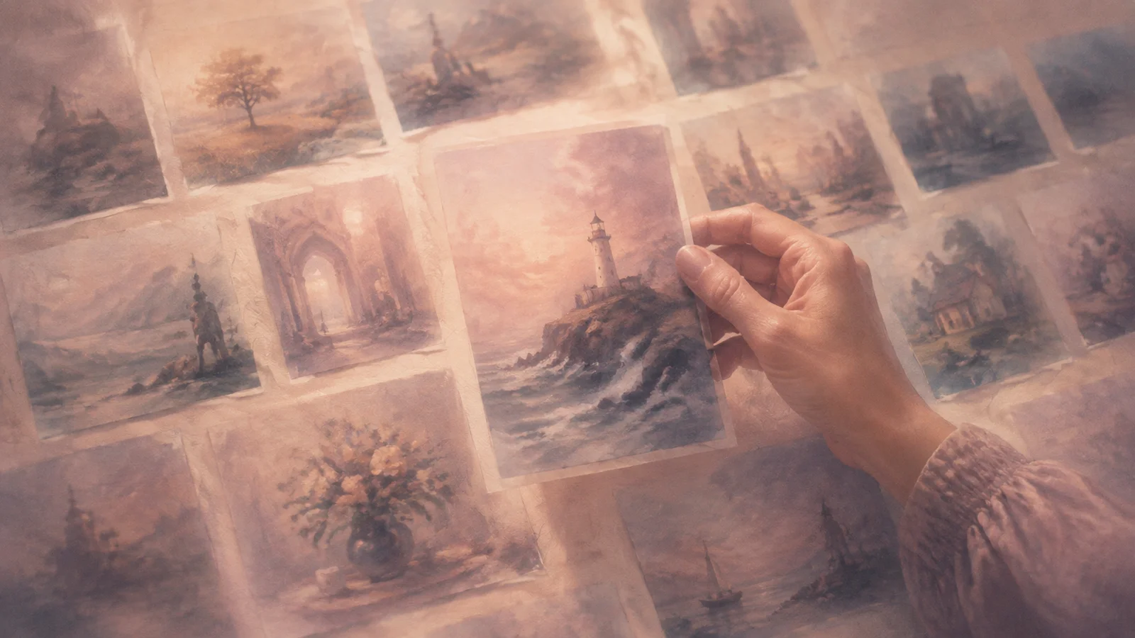 Una mano selecciona la imagen de un faro entre numerosas propuestas visuales de tonos suaves.