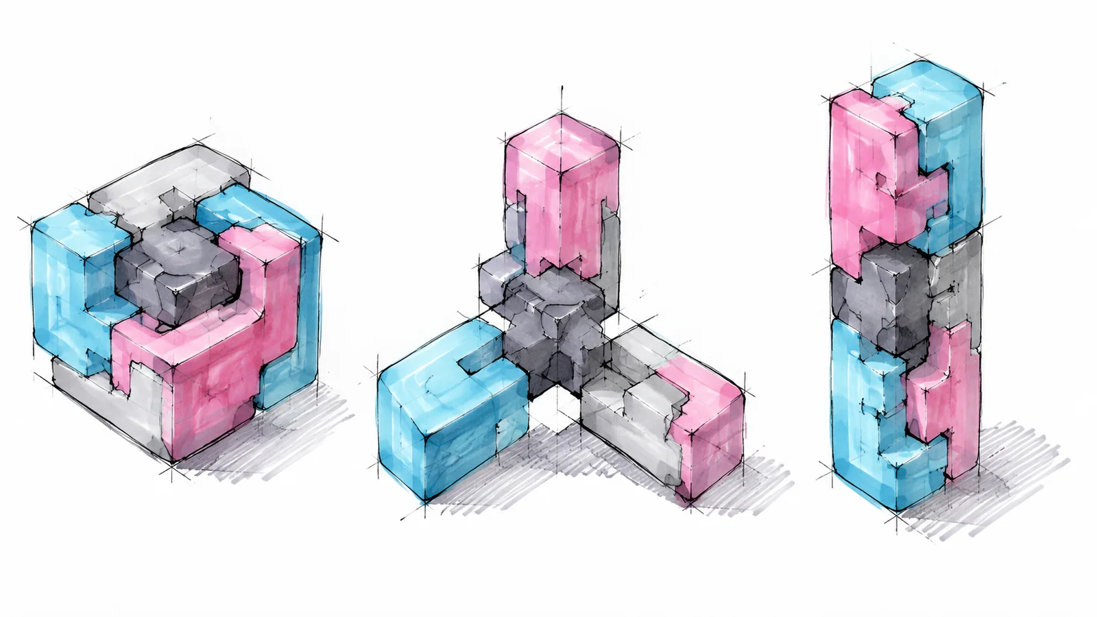 Tres estructuras modulares dibujadas a marcador mantienen un núcleo gris y reorganizan piezas rosas y azules.