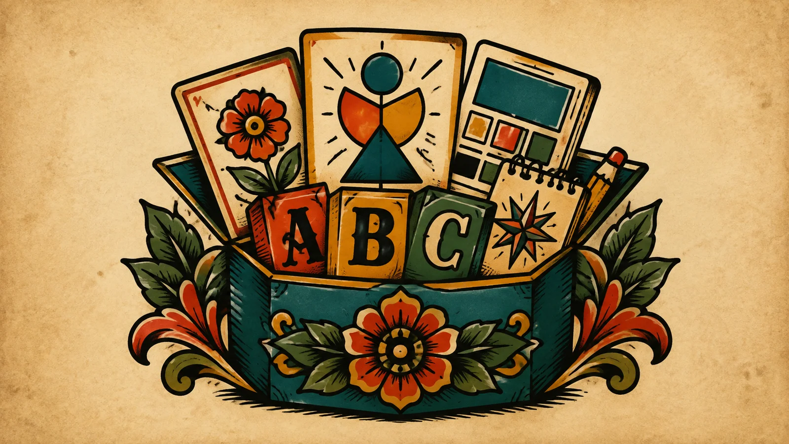 Caja ilustrada con tarjetas, bloques tipográficos y una guía, rodeada de flores de estilo tatuaje clásico.
