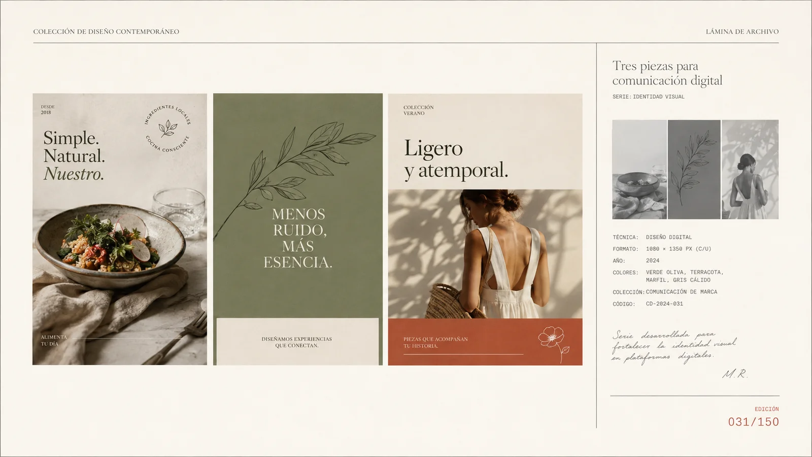 Lámina de archivo con tres ejemplos ficticios de publicaciones digitales que combinan fotografía, ilustración y bloques de color.