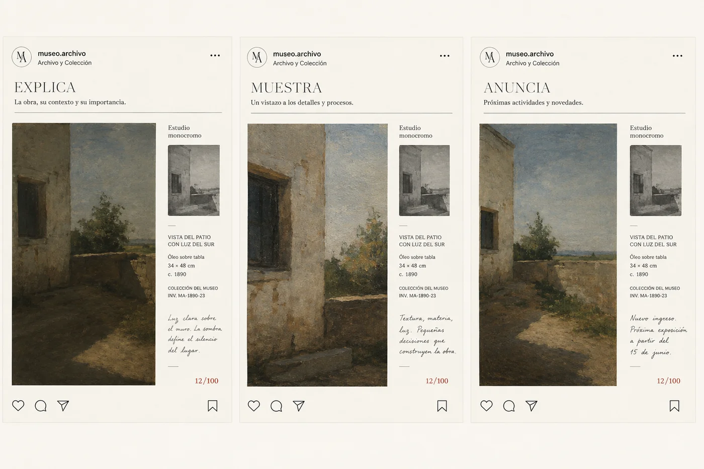 Tres ejemplos ficticios de posts para explicar, mostrar y anunciar, con una retícula editorial compartida.