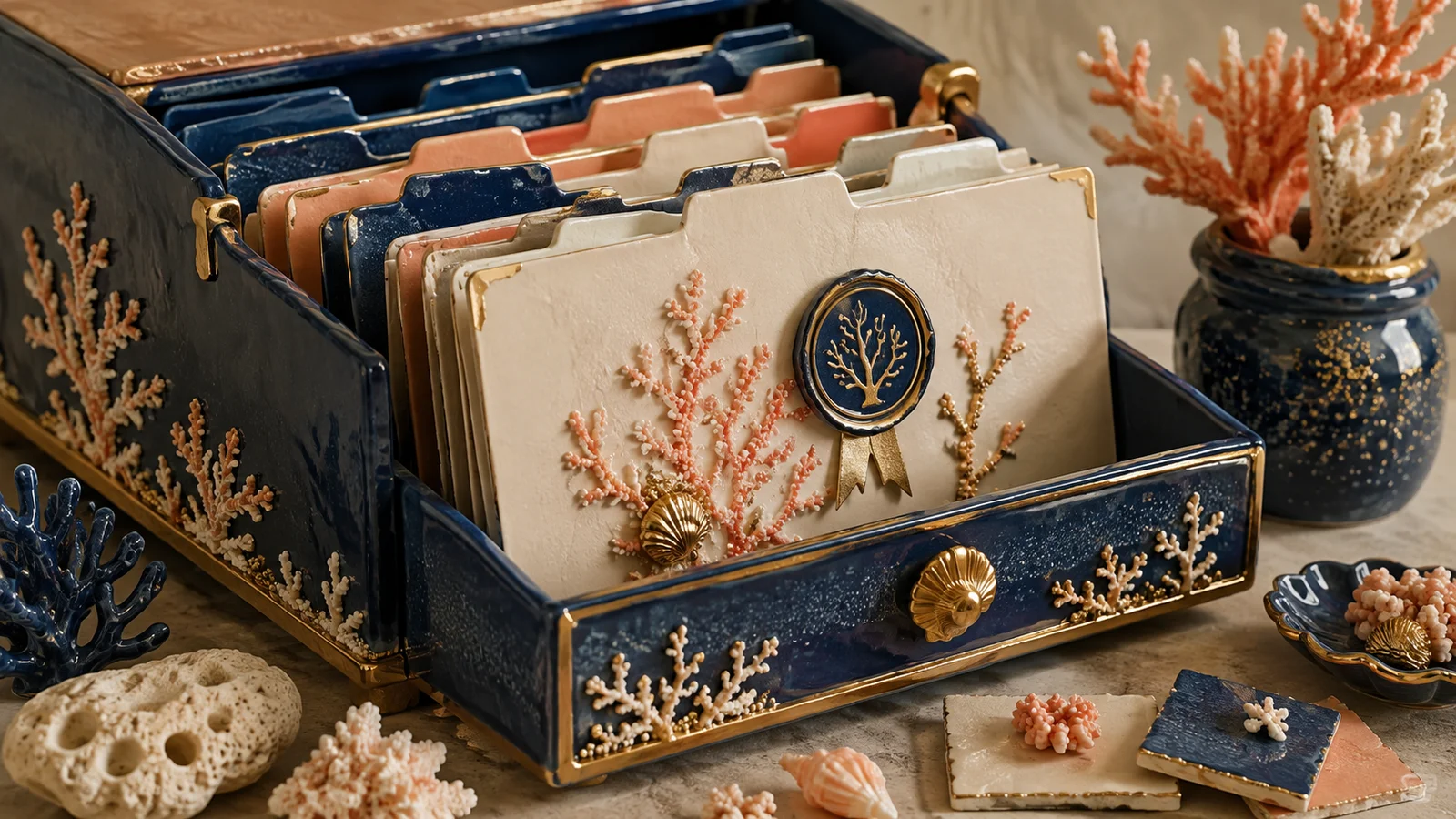 Archivador decorado con relieves coralinos, carpetas ordenadas y un sello que destaca un archivo.