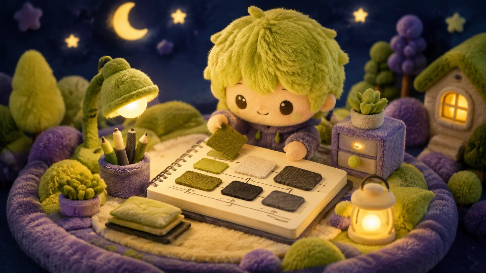 Personaje de felpa organiza muestras oliva, crema y carbón sobre un cuaderno en un pequeño taller.
