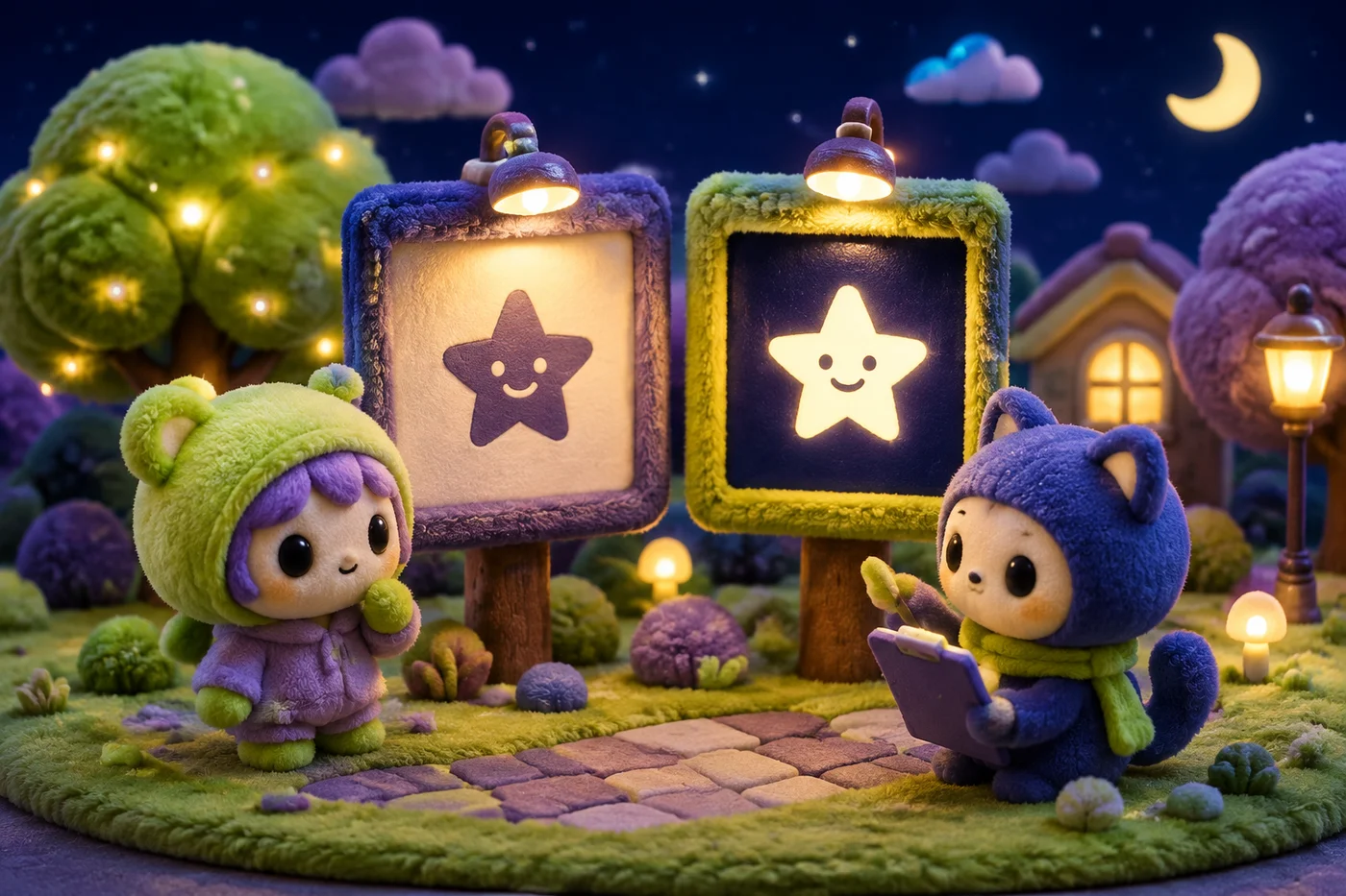 Dos personajes de felpa comparan letreros con una estrella clara sobre fondo oscuro y otra oscura sobre fondo claro.