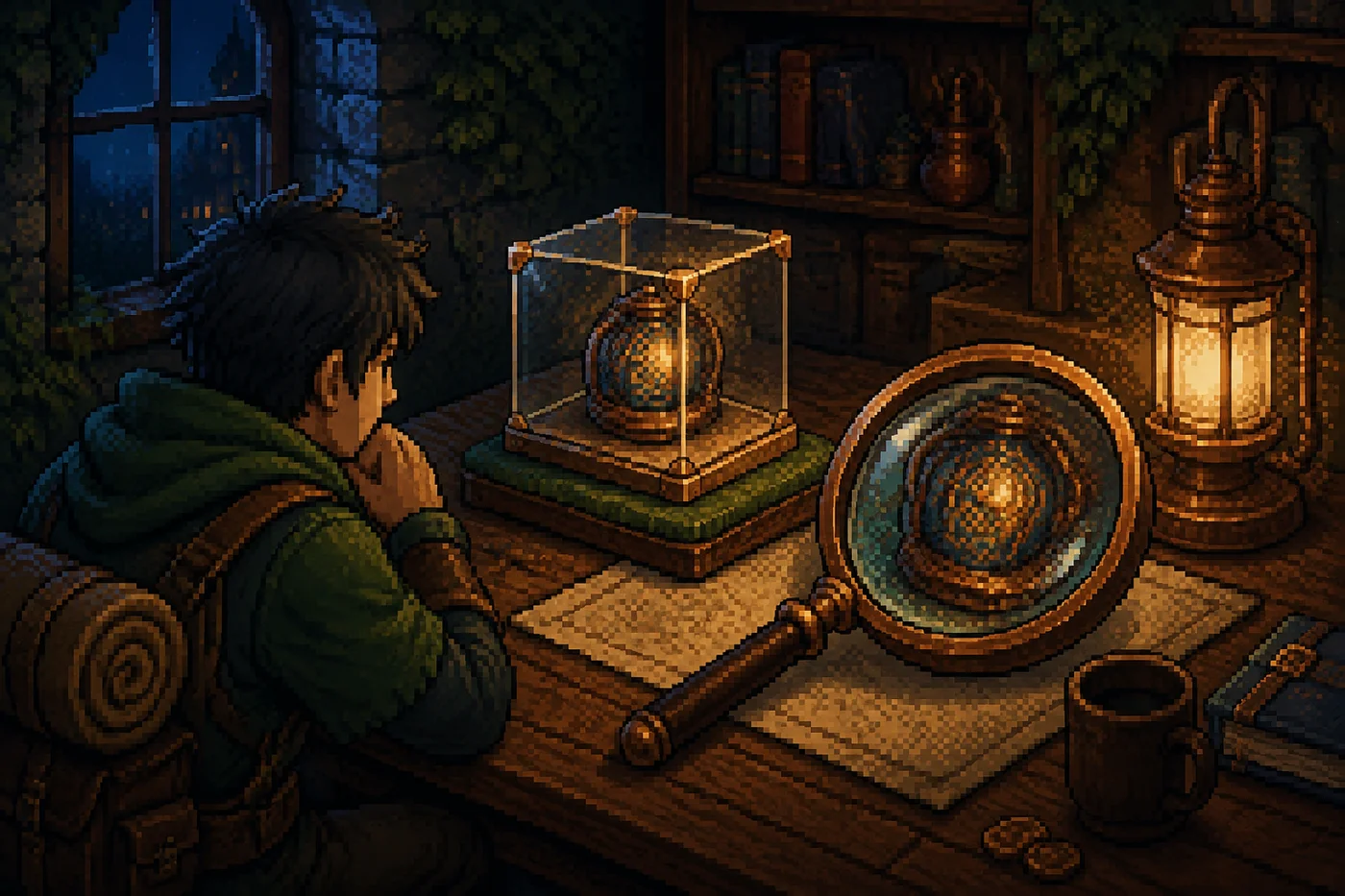 Un cliente examina un producto expuesto junto a una lupa, en una ilustración de arte píxel.