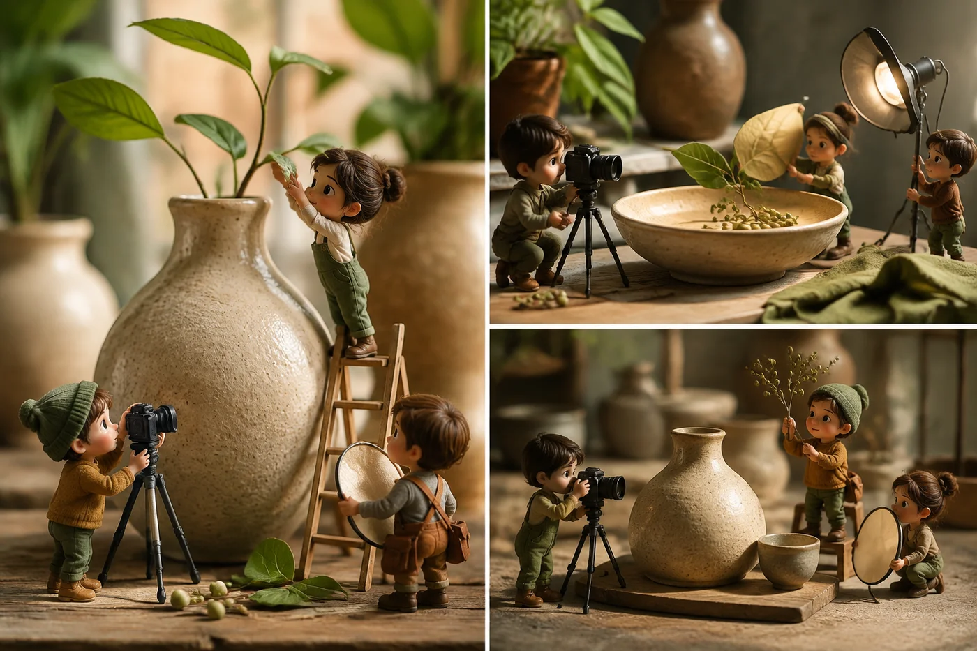 Personajes diminutos preparan tres composiciones fotográficas con cerámica, plantas y reflectores.