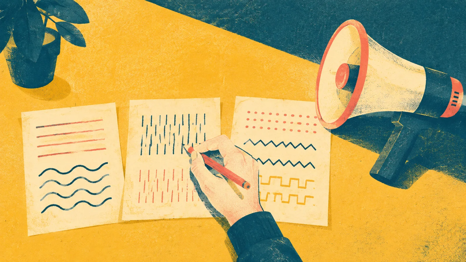 Un lápiz dibuja ritmos distintos en tres hojas junto a un megáfono, en una ilustración de risografía.