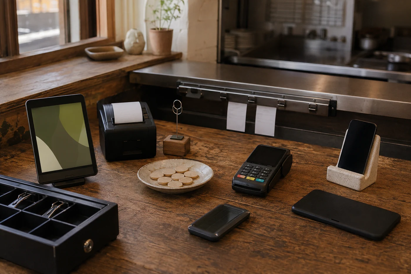Nine unbranded service modules are compared on a restaurant's worn counter.