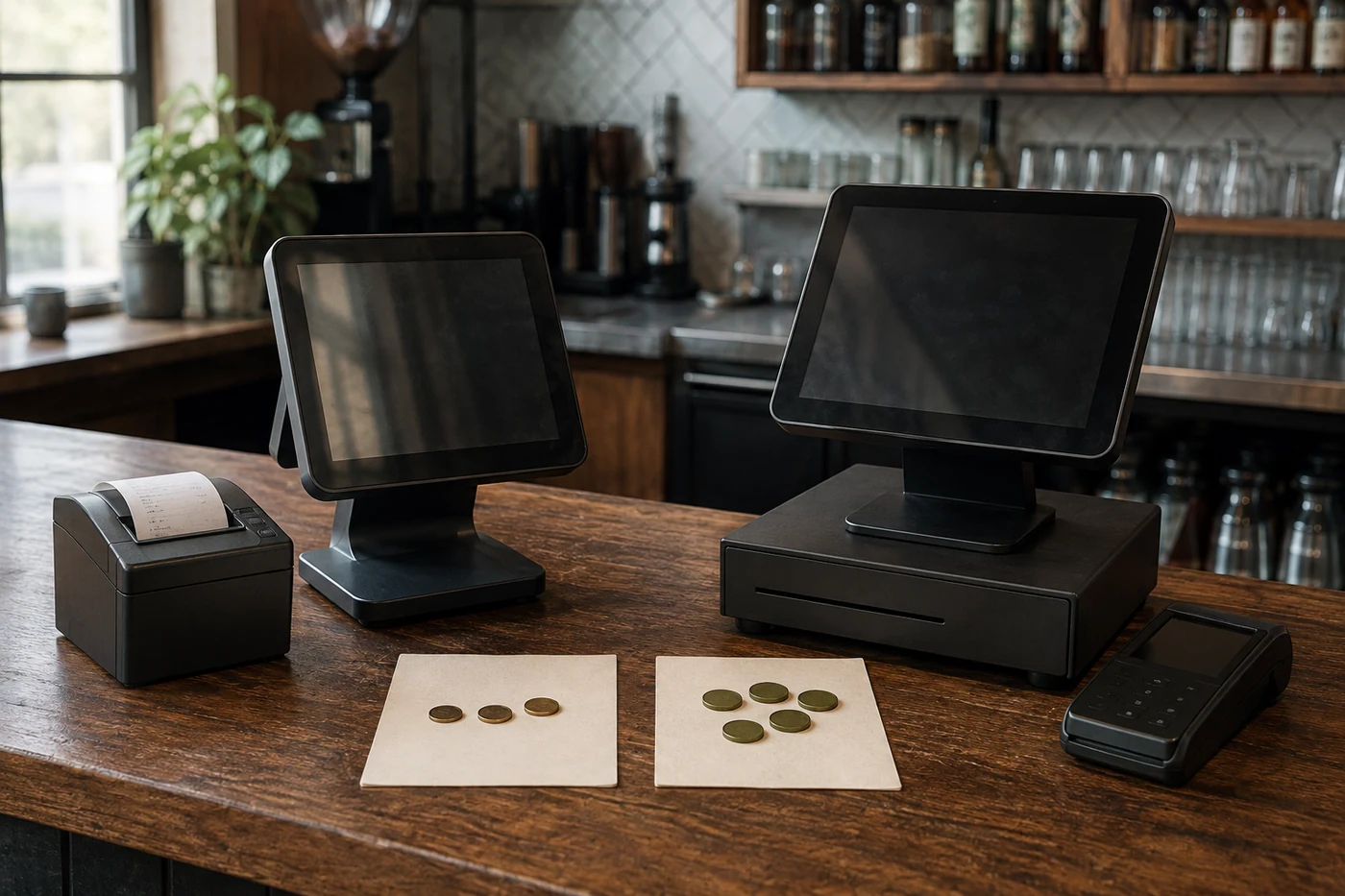 Two unbranded point-of-sale systems are compared with physical tokens on a restaurant counter.