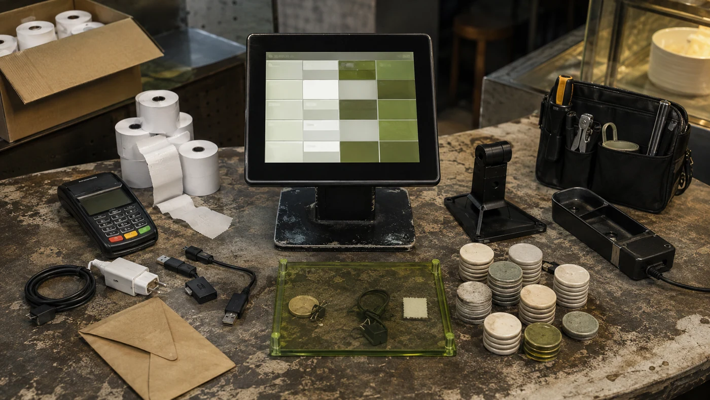 Point-of-sale terminal surrounded by hardware, receipts, and tokens representing its operating costs.