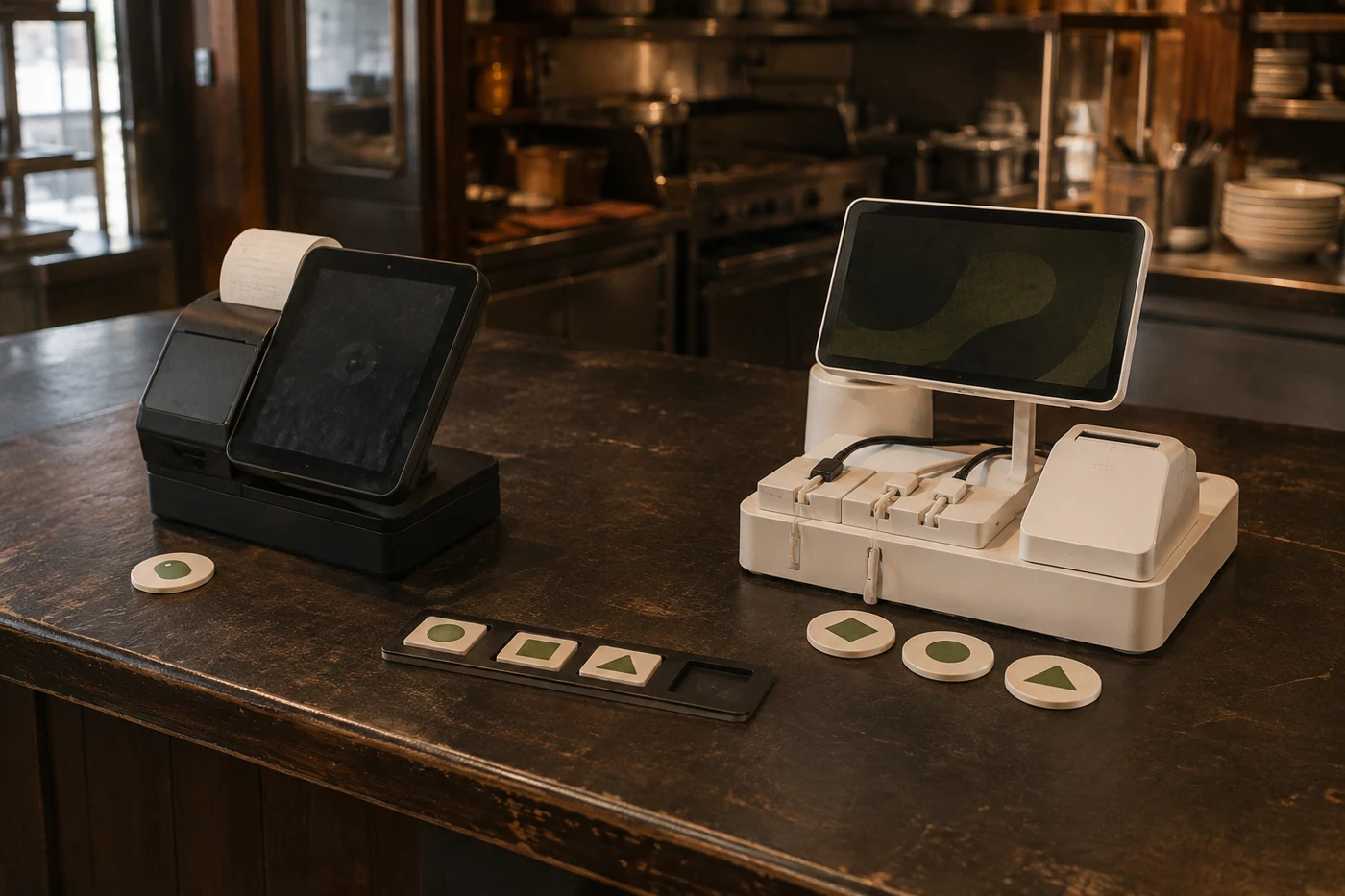 Two unbranded service systems are compared with modules and tokens on a worn counter.