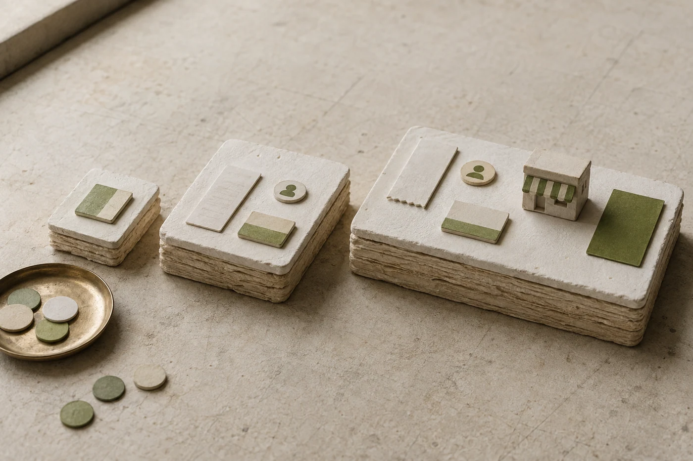 Three paper-and-ceramic tiers show a progression of service resources without using figures.