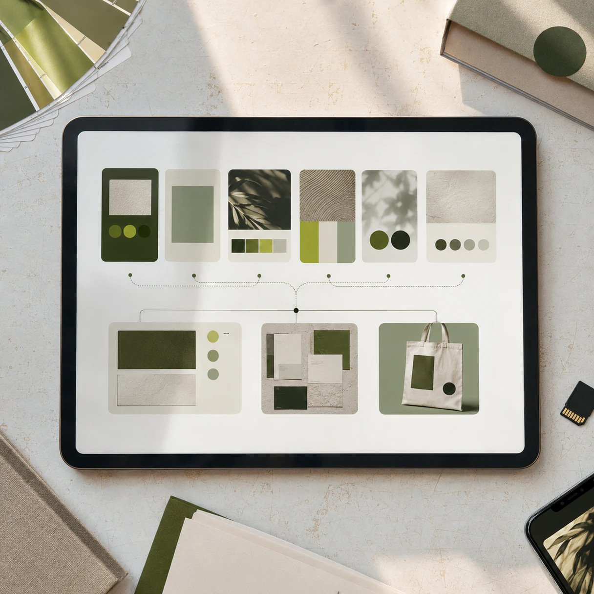 A tablet organizes visual assets and distributes them to digital, print, and packaging applications.