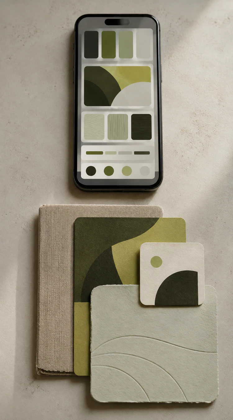 A phone and several physical samples present a brand system prepared for mobile use.