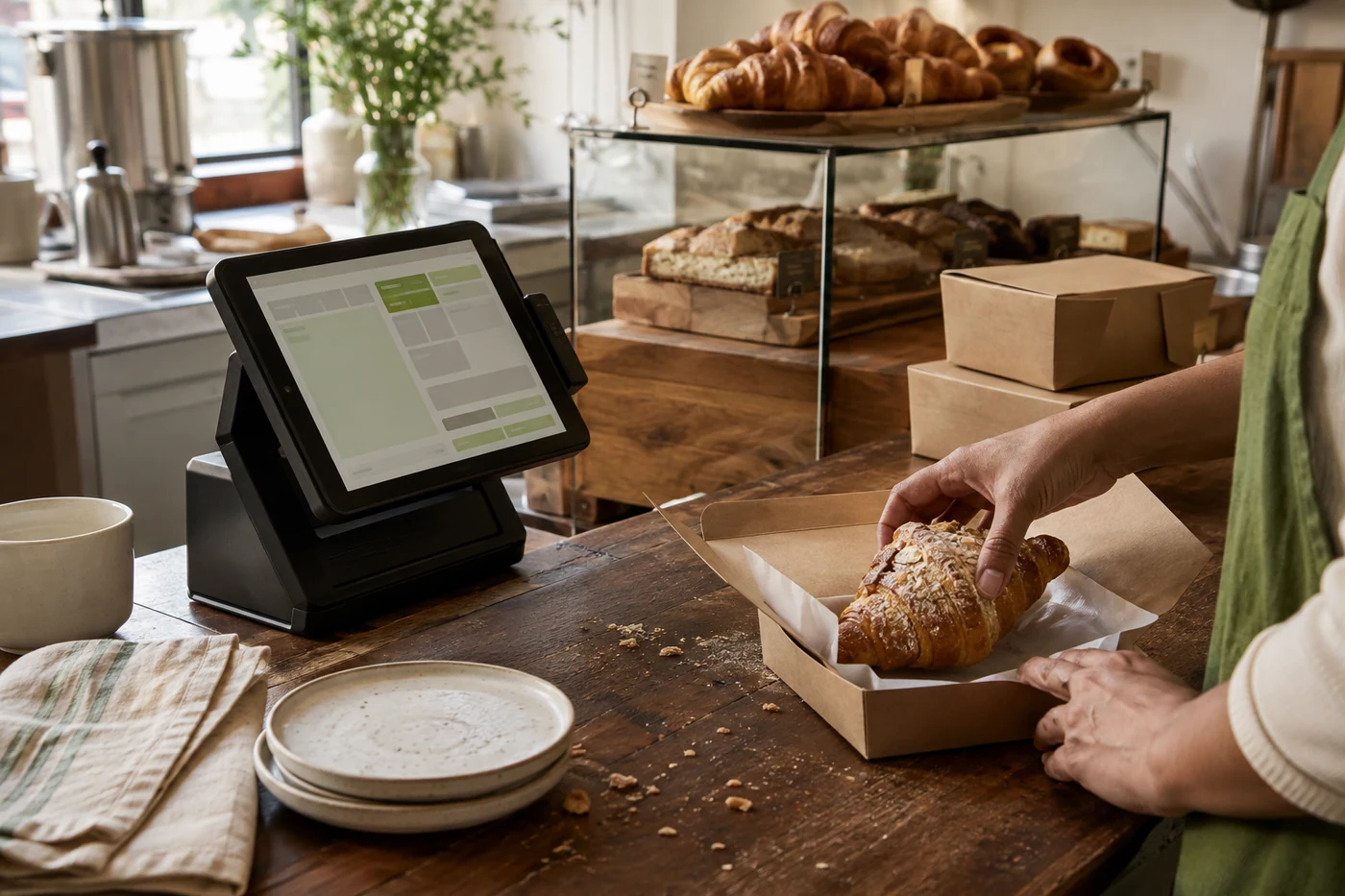 POS terminal in a real bakery while hands pack a freshly prepared croissant.