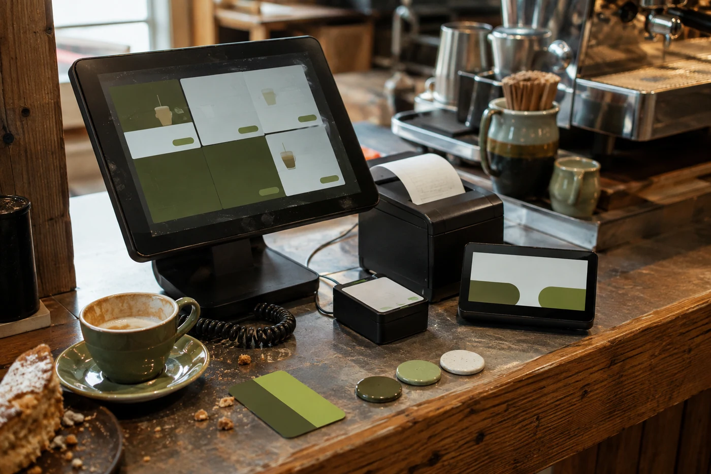 Compact modular POS system installed on the counter of a real cafe.