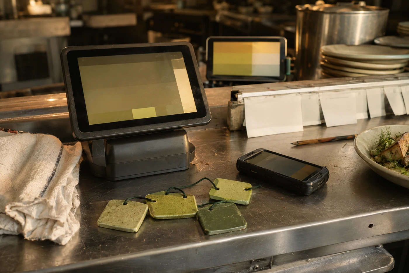 Terminals and ceramic tiles physically connect counter, kitchen, and operations workflows.