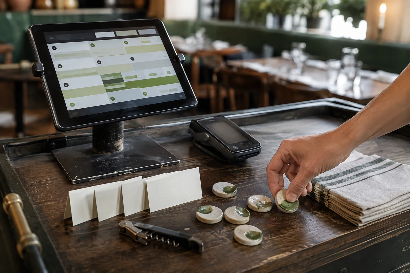 Table-service POS station with a terminal, handheld device, and physical service markers.
