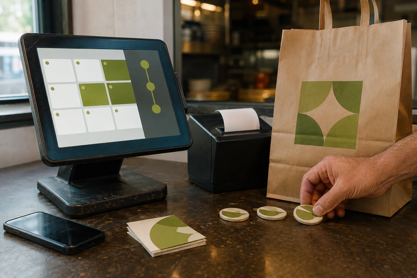 POS terminal, loyalty cards, and takeaway order arranged as a returning-customer journey.