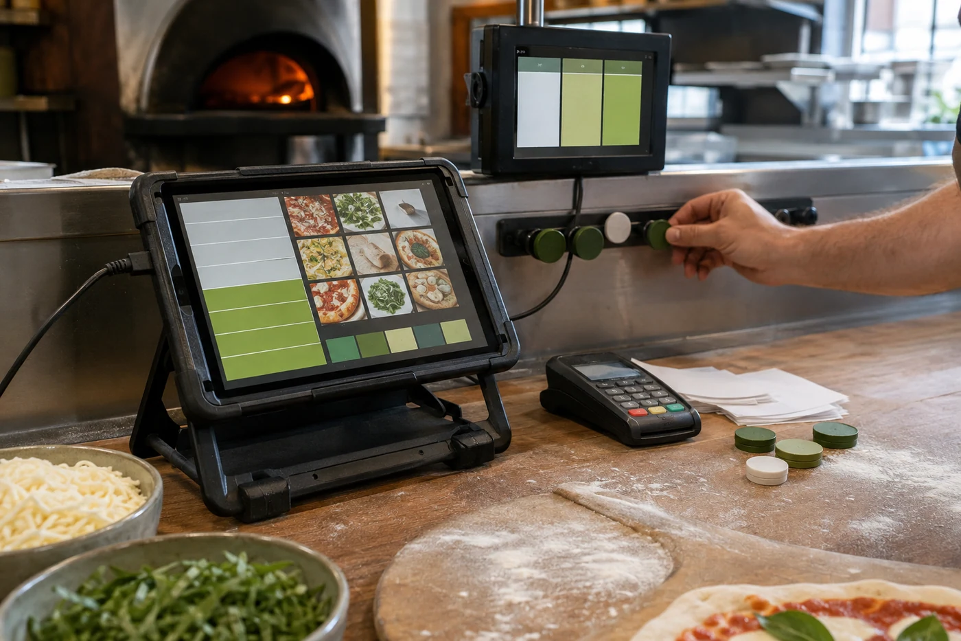 POS terminal and kitchen display connected during order preparation in a pizzeria.