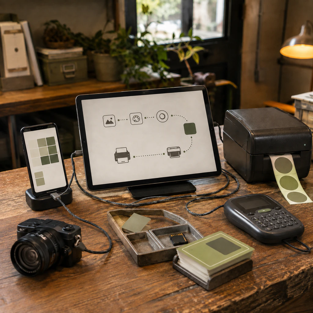 A tablet, phone, camera, and production tools connect brand assets in one workflow.