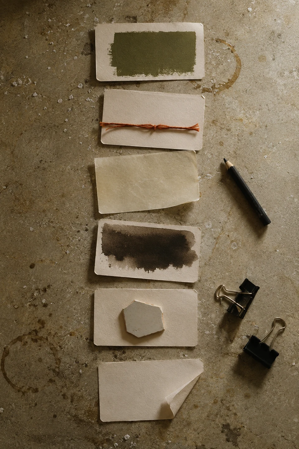 Tarjetas materiales ordenadas como etapas de un proceso de marca.