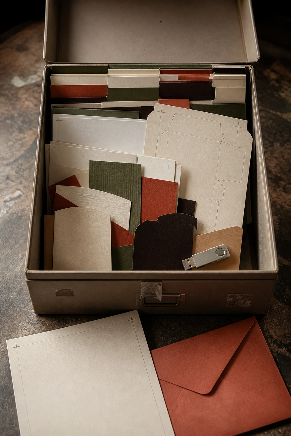Caja de archivo con plantillas, papeles, muestras y memoria listos para usar.