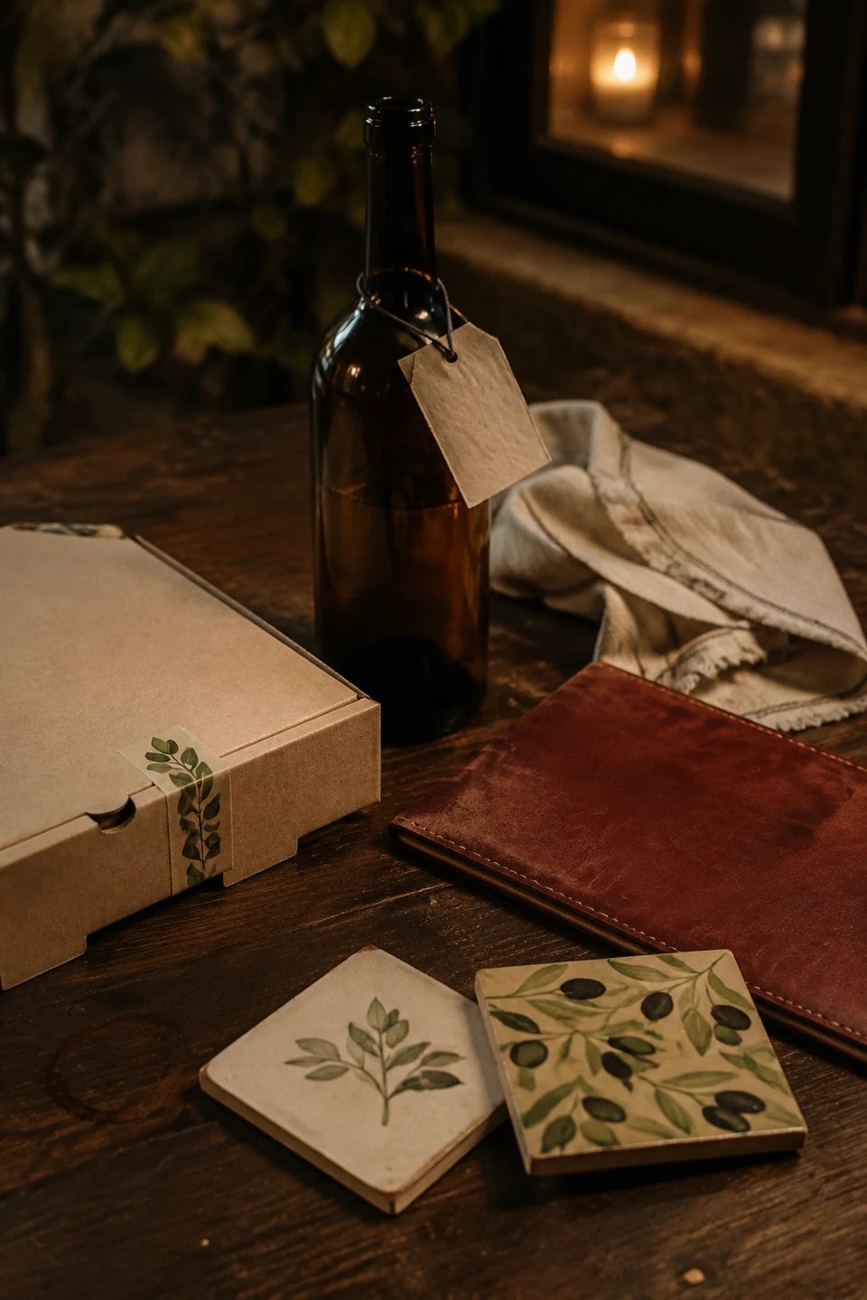 Botella, caja, menú, lino y azulejos unidos por una identidad común.