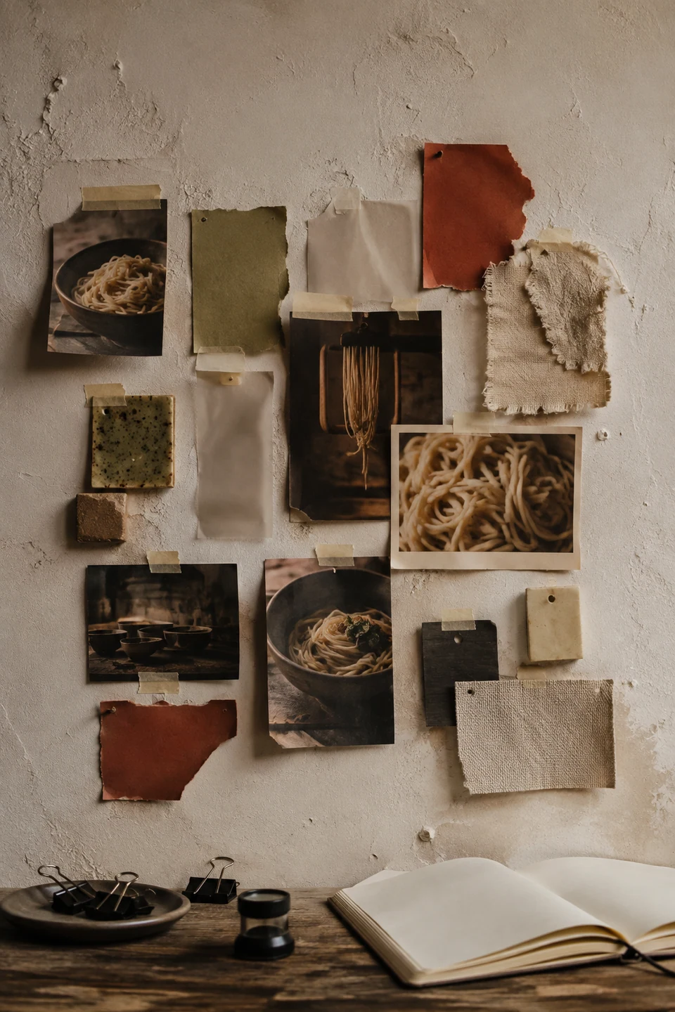 Biblioteca visual de fotografías, papeles, tela y cerámica para un restaurante de noodles.