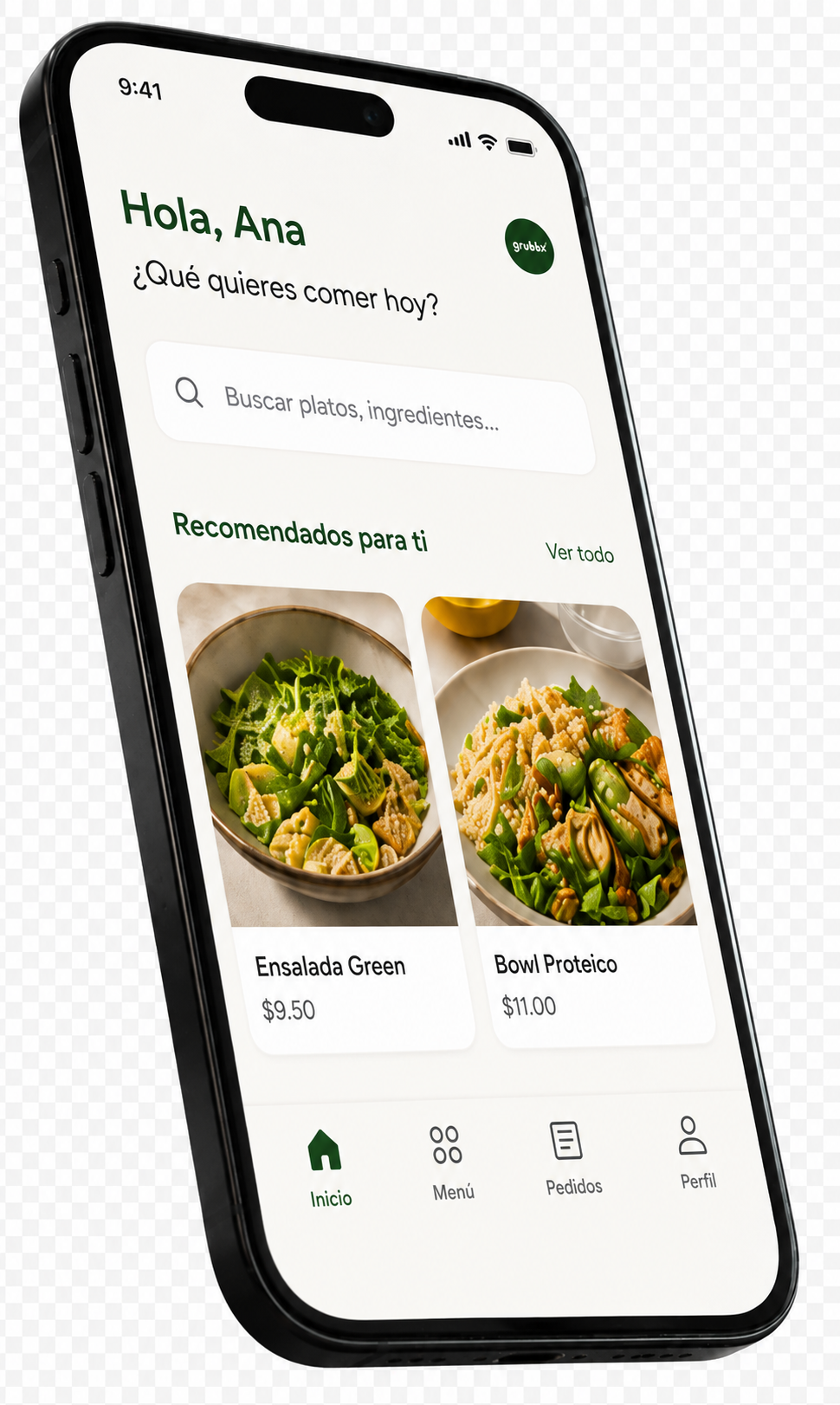 Teléfono con la aplicación de Grubbx: saludo personal, búsqueda de platos y recomendaciones de comida.