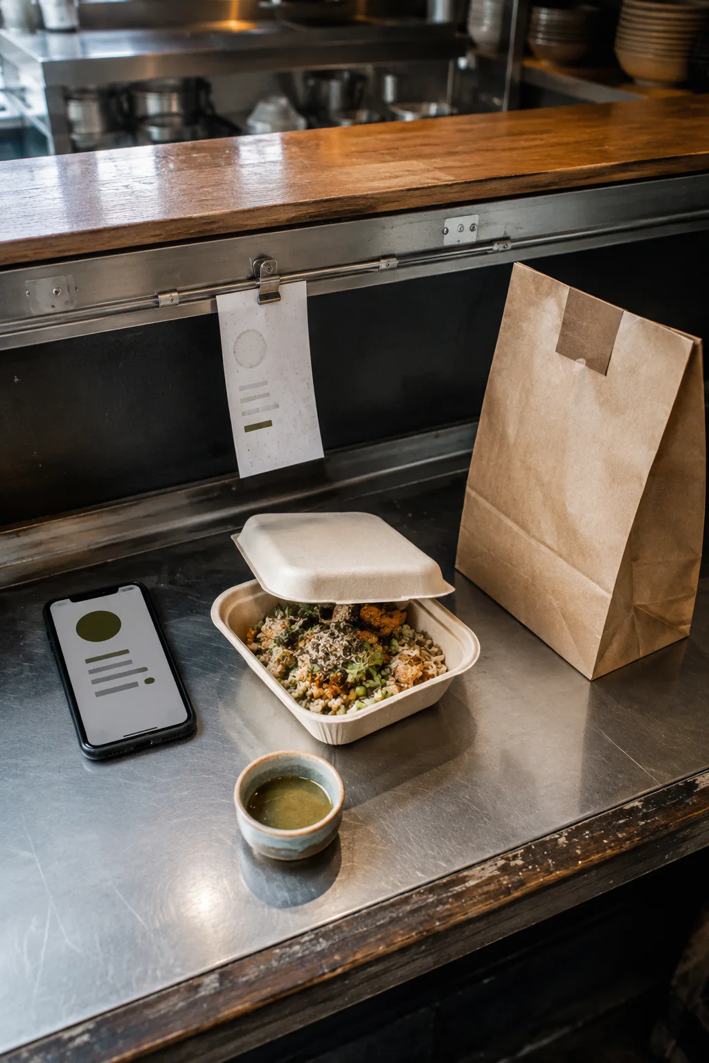 A mobile order, kitchen ticket, takeout bowl, and bag form a direct-order flow on the pass.