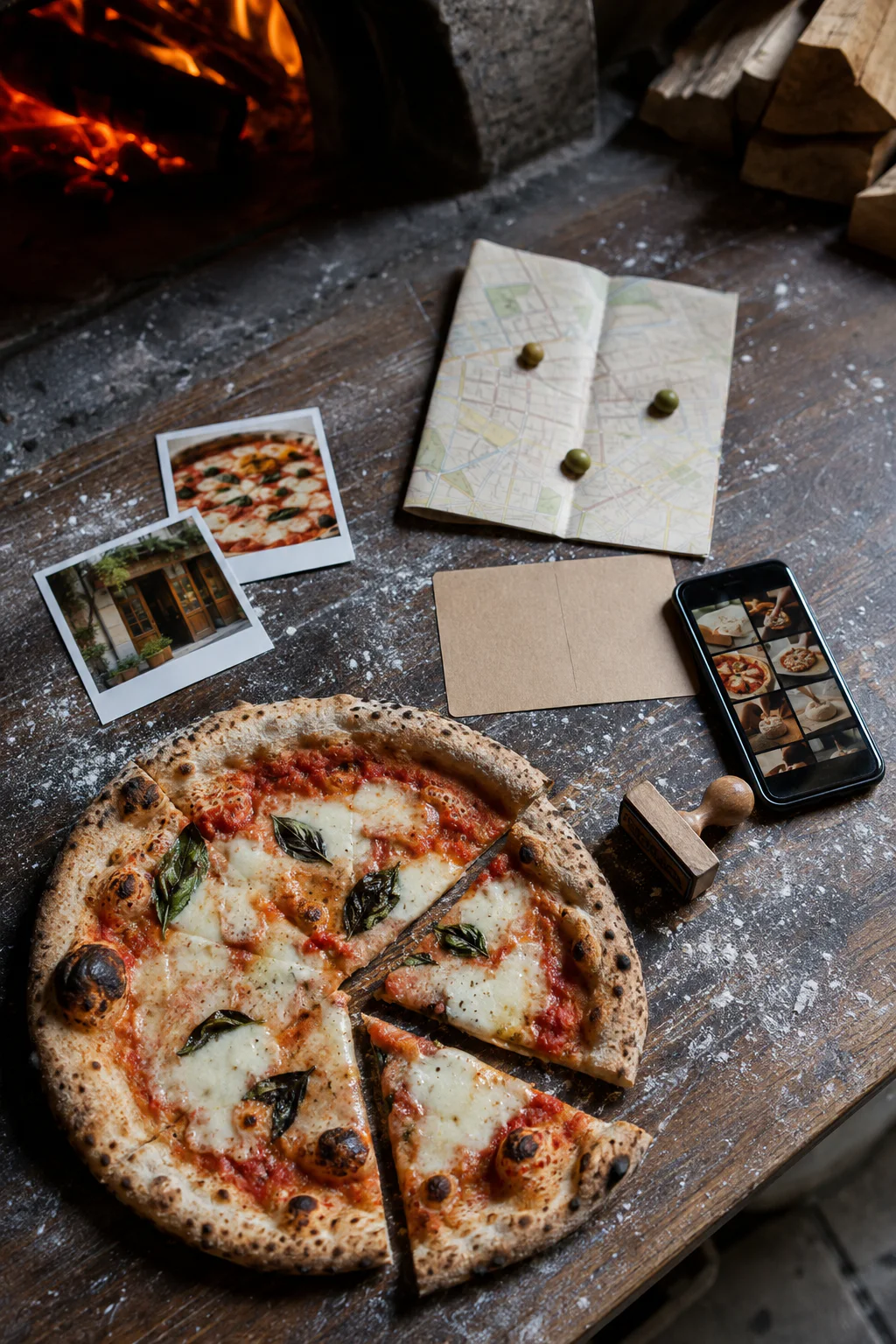 An artisan pizza shares the table with photos, a local map, a postcard, a phone, and a loyalty stamp.