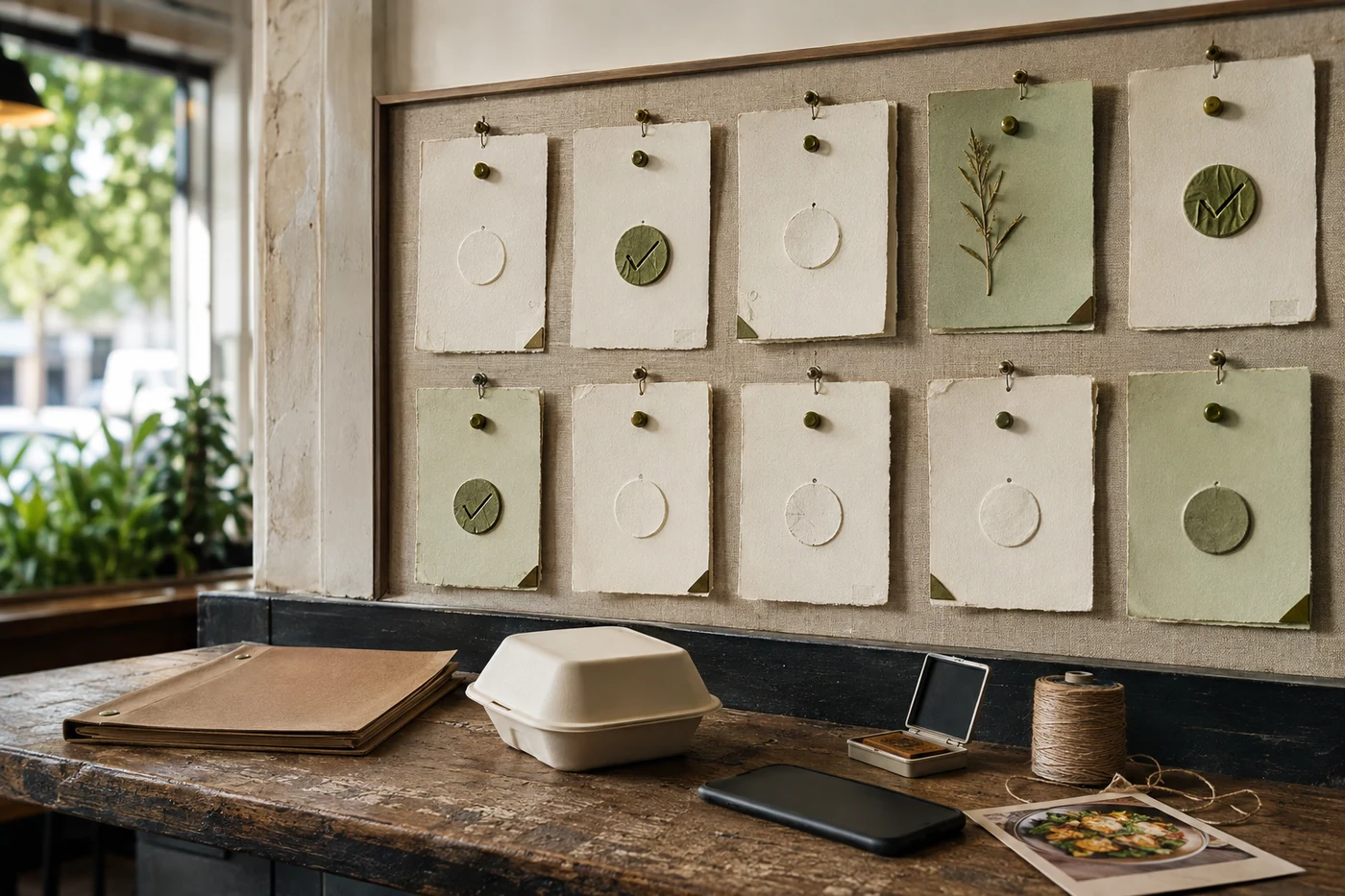 Paper cards and ceramic tokens form a physical restaurant marketing checklist.