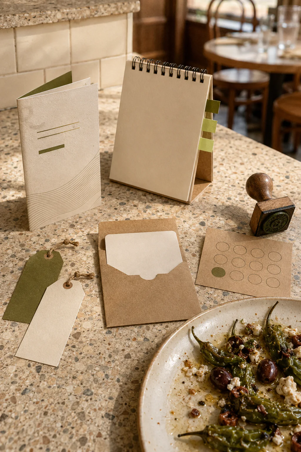 A calendar, gift card, loyalty stamp, menu tags, and an appetizer on a restaurant counter.