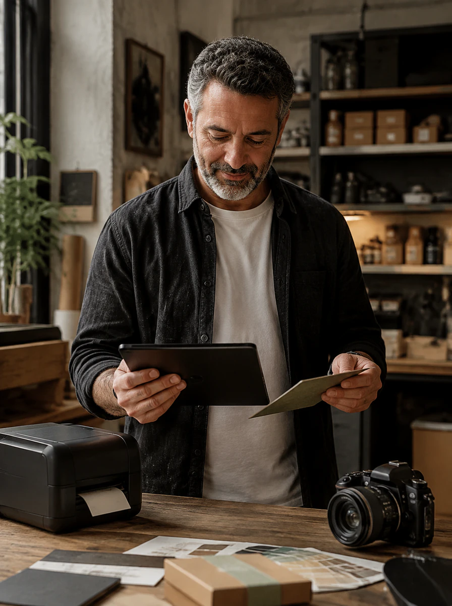 A founder compares a physical sample with the assets open on a tablet.