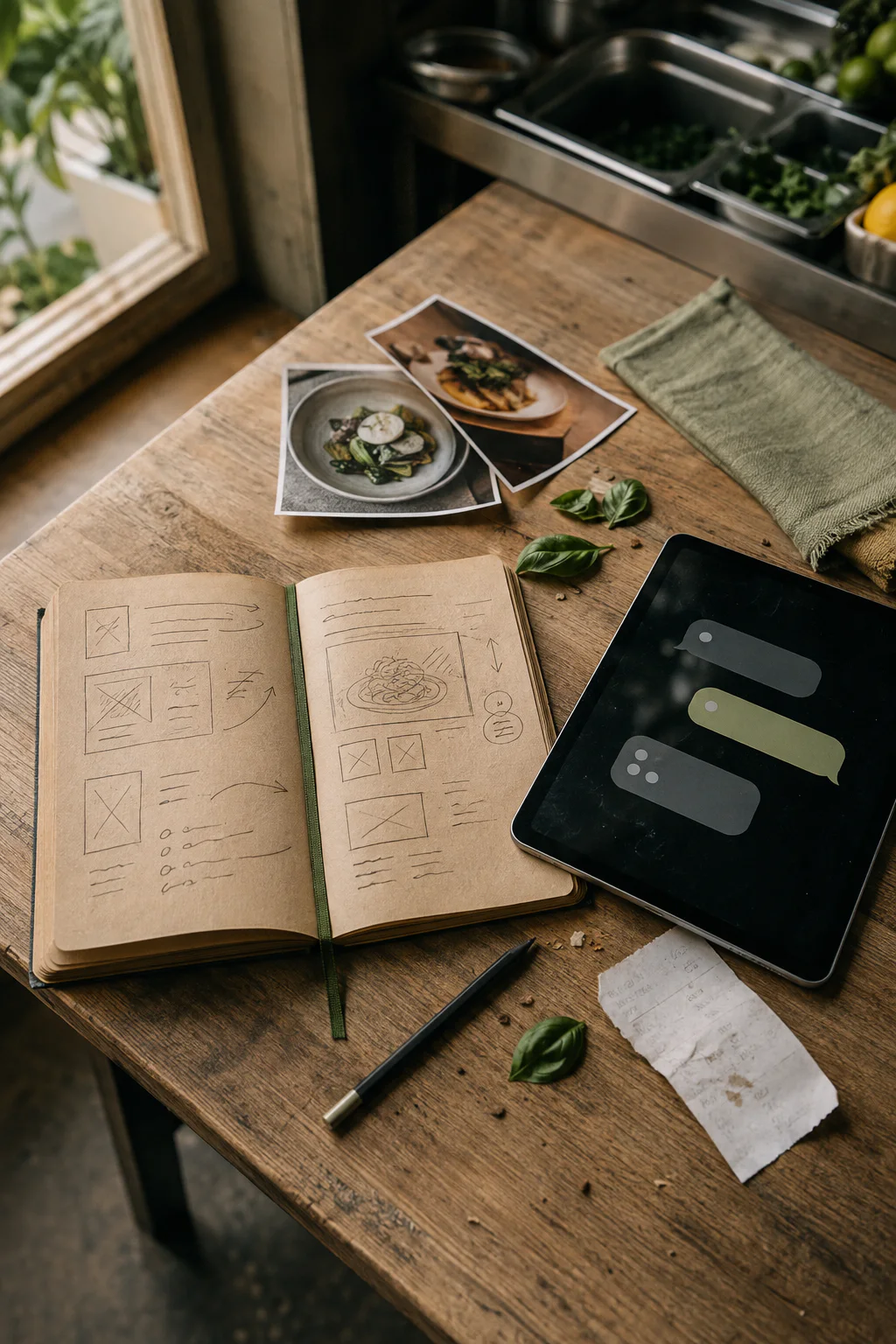 An idea notebook, a tablet with conversation blocks, and food photos on a restaurant worktable.