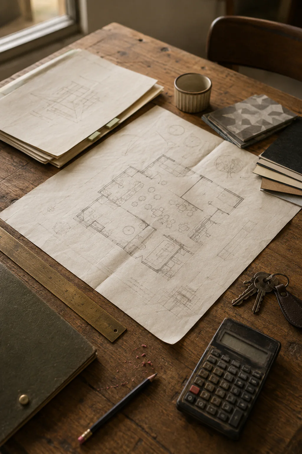 Restaurant floor plans, material samples, a calculator, and keys on a planning table.