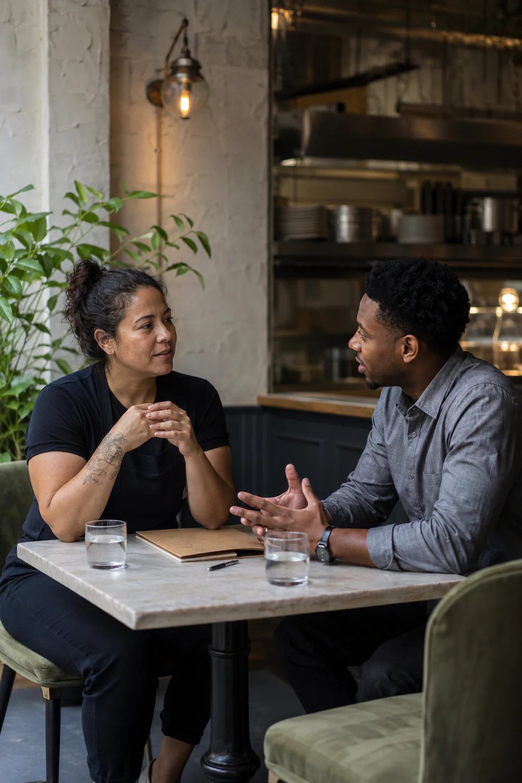 A restaurant owner speaks with a manager candidate at a table before the restaurant opens.