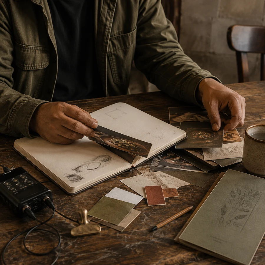 Food-brand editor reviewing photographs and printed prototypes.