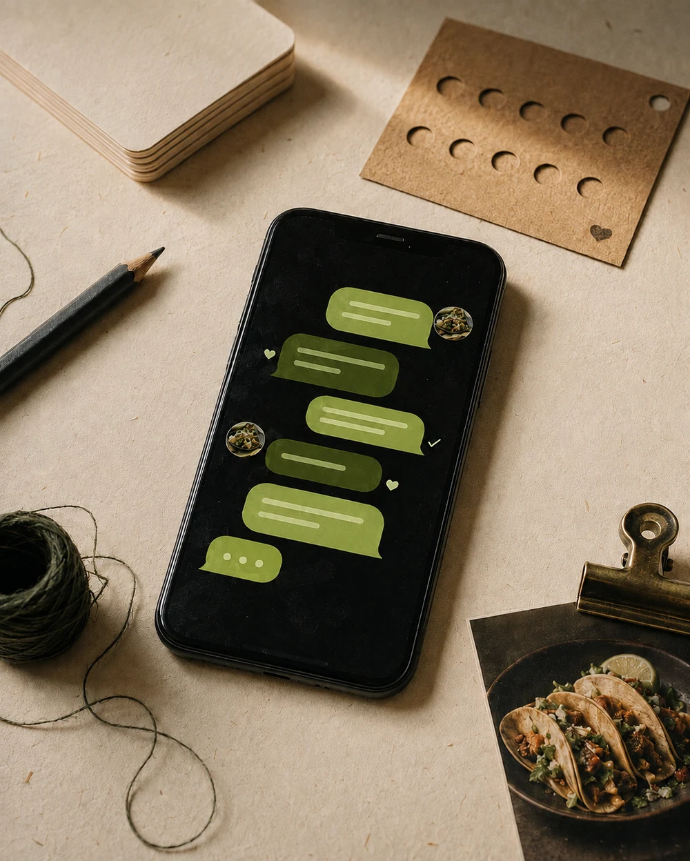 Phone showing a visual food-order conversation, surrounded by textured printed materials.
