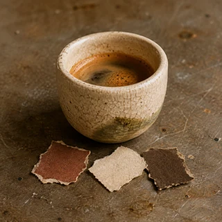 Taza artesanal y muestras de papel sobre una barra de cafetería.