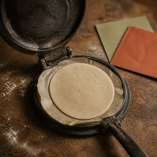Prensa de tortillas usada con papel y muestras de color.